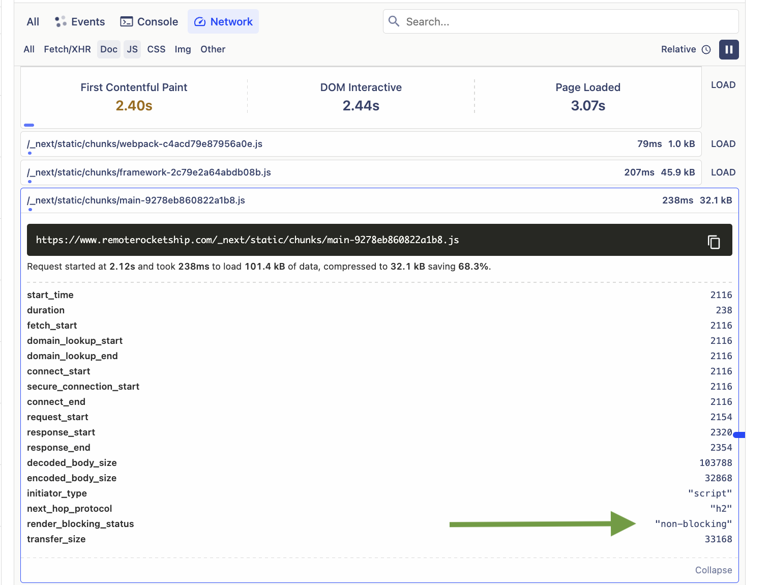 A screenshot of the network tab filtered to show JavaScript requests only